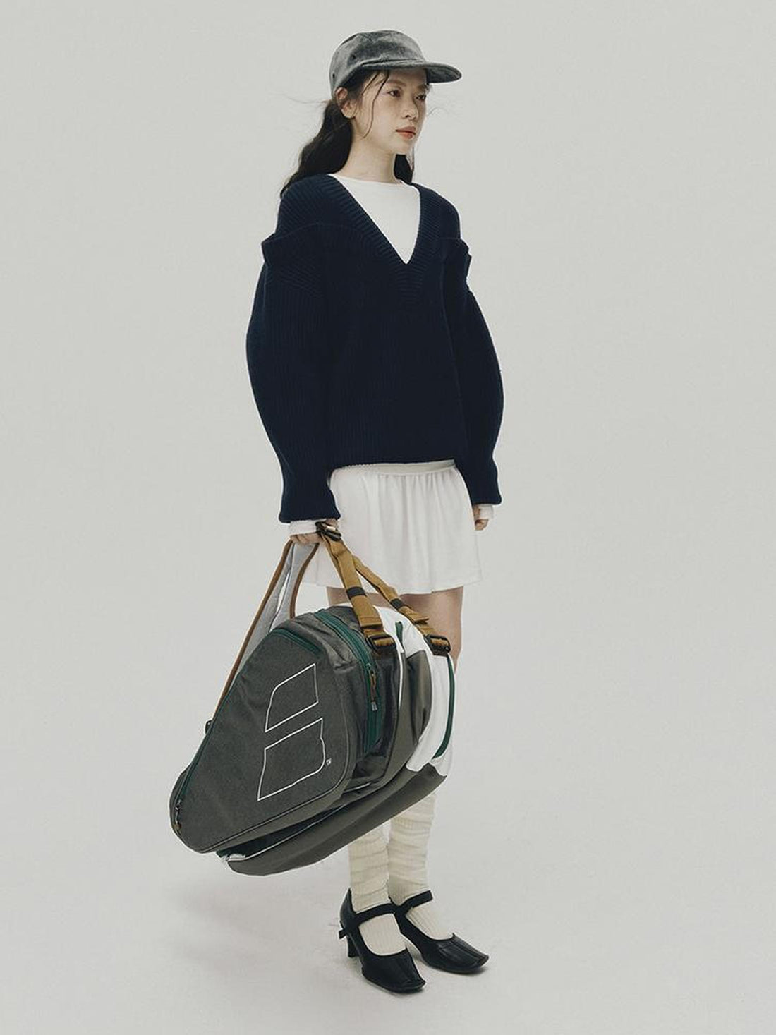FUSSED V-Neck Navy Blue Ribbed Wool Blend Sweater With Layered Collar