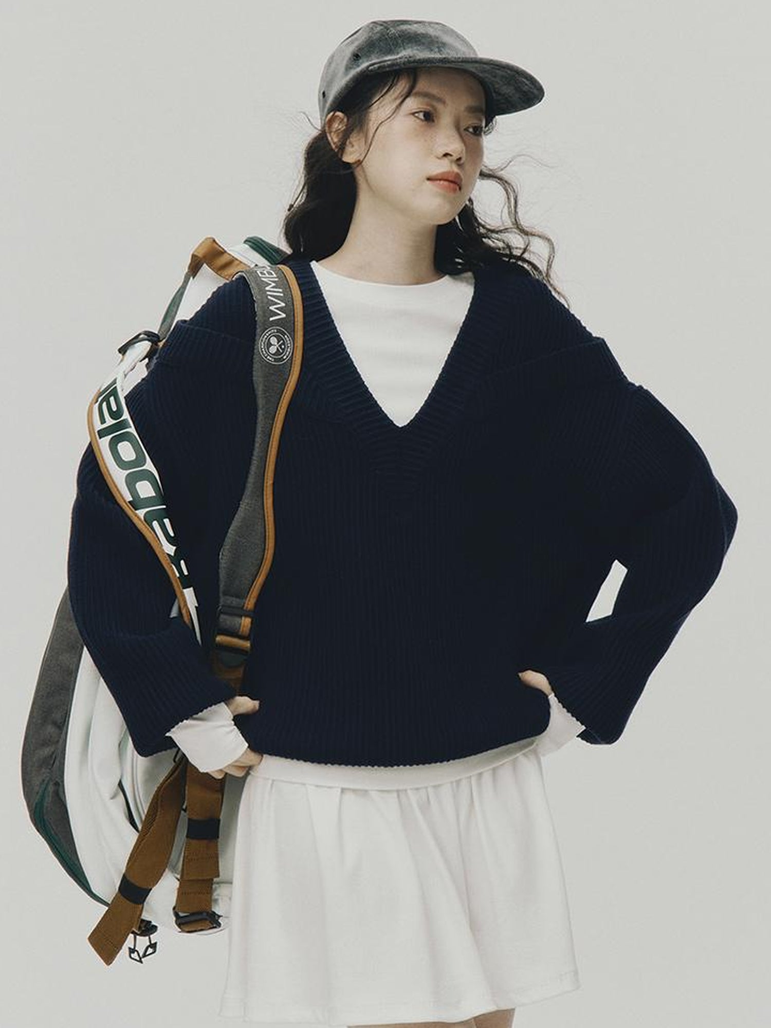 FUSSED V-Neck Navy Blue Ribbed Wool Blend Sweater With Layered Collar