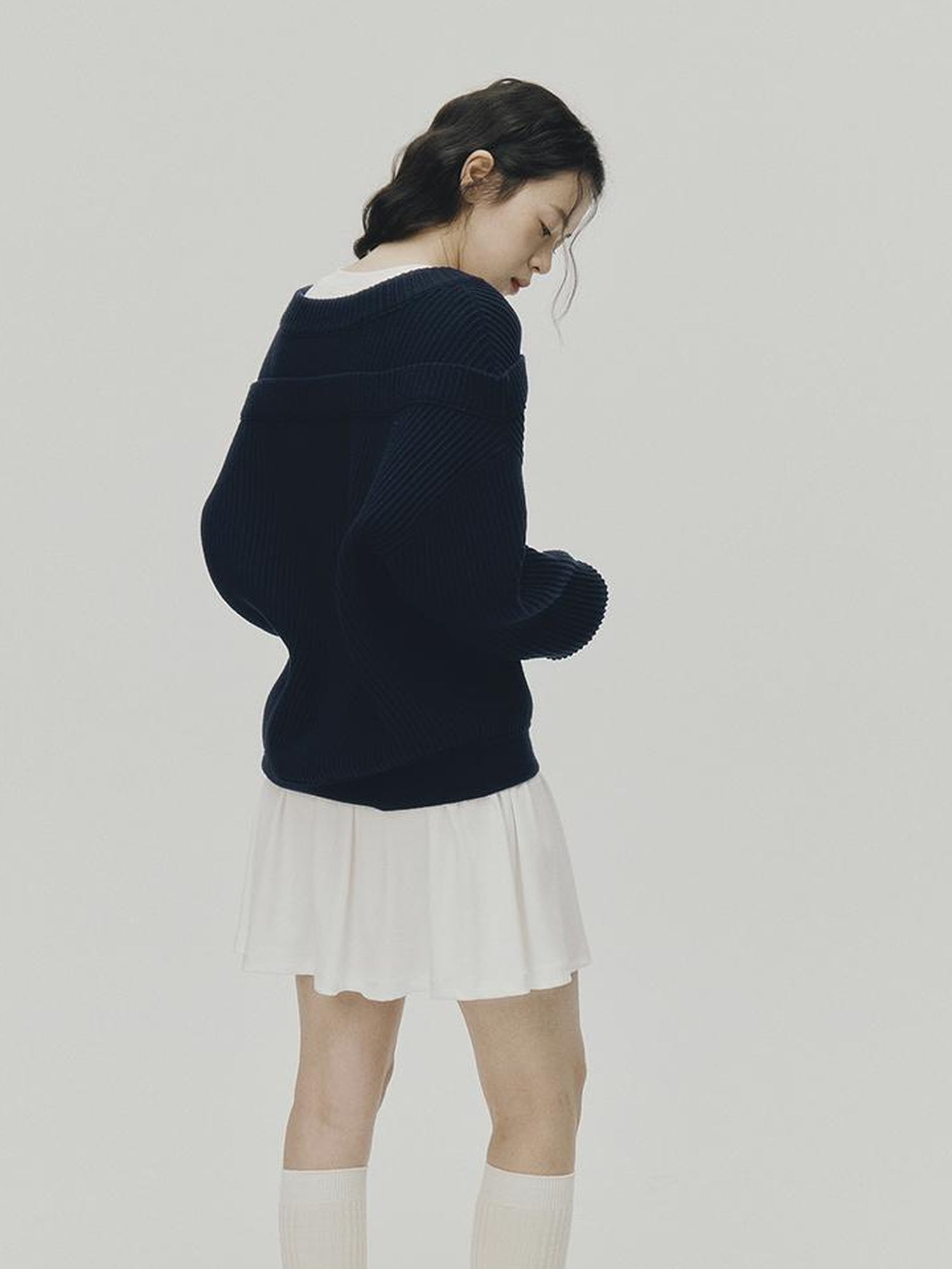 FUSSED V-Neck Navy Blue Ribbed Wool Blend Sweater With Layered Collar