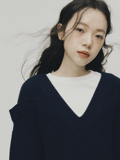 FUSSED V-Neck Navy Blue Ribbed Wool Blend Sweater With Layered Collar