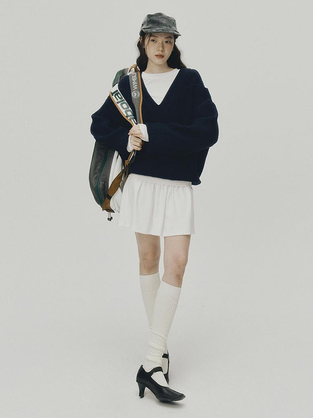 FUSSED V-Neck Navy Blue Ribbed Wool Blend Sweater With Layered Collar