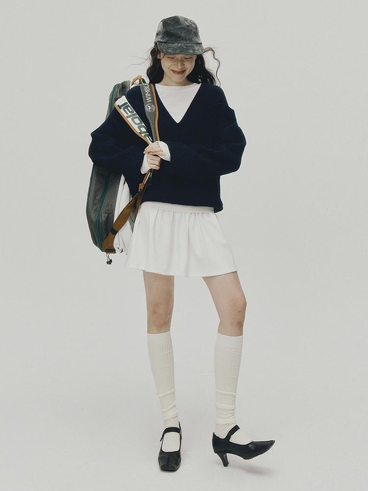 FUSSED V-Neck Navy Blue Ribbed Wool Blend Sweater With Layered Collar
