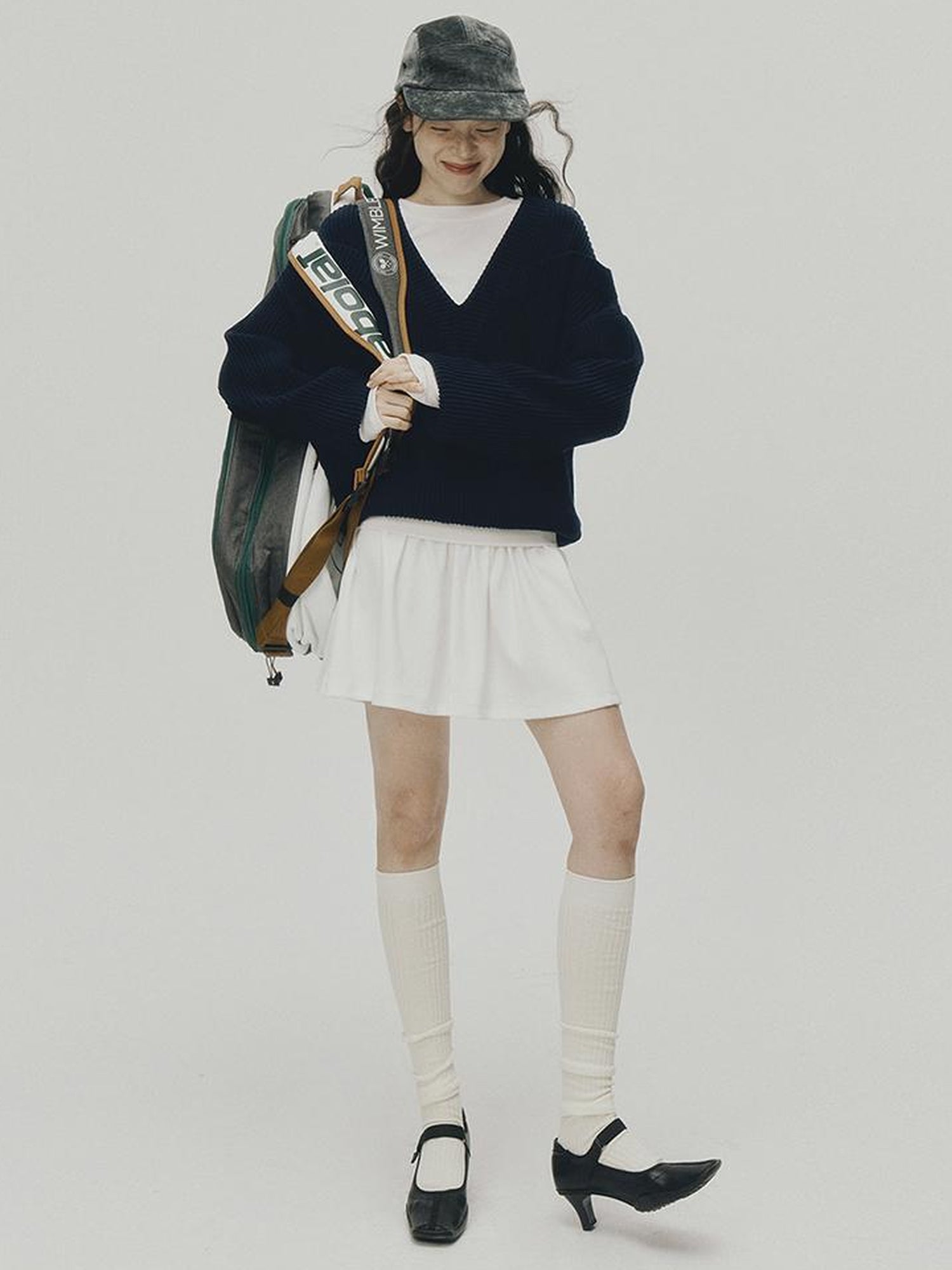 FUSSED V-Neck Navy Blue Ribbed Wool Blend Sweater With Layered Collar