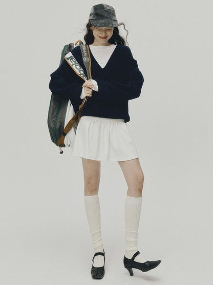 FUSSED V-Neck Navy Blue Ribbed Wool Blend Sweater With Layered Collar