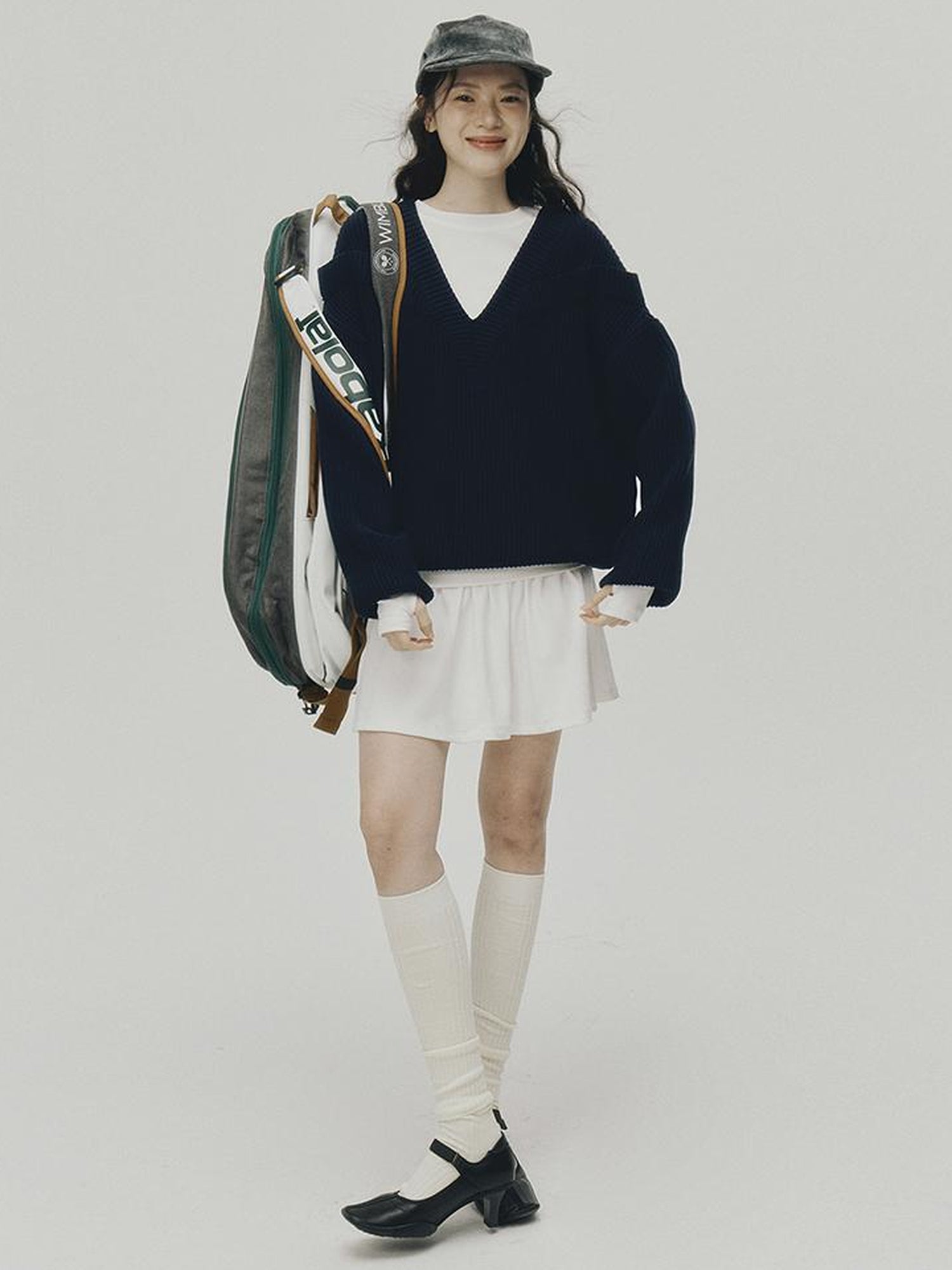 FUSSED V-Neck Navy Blue Ribbed Wool Blend Sweater With Layered Collar