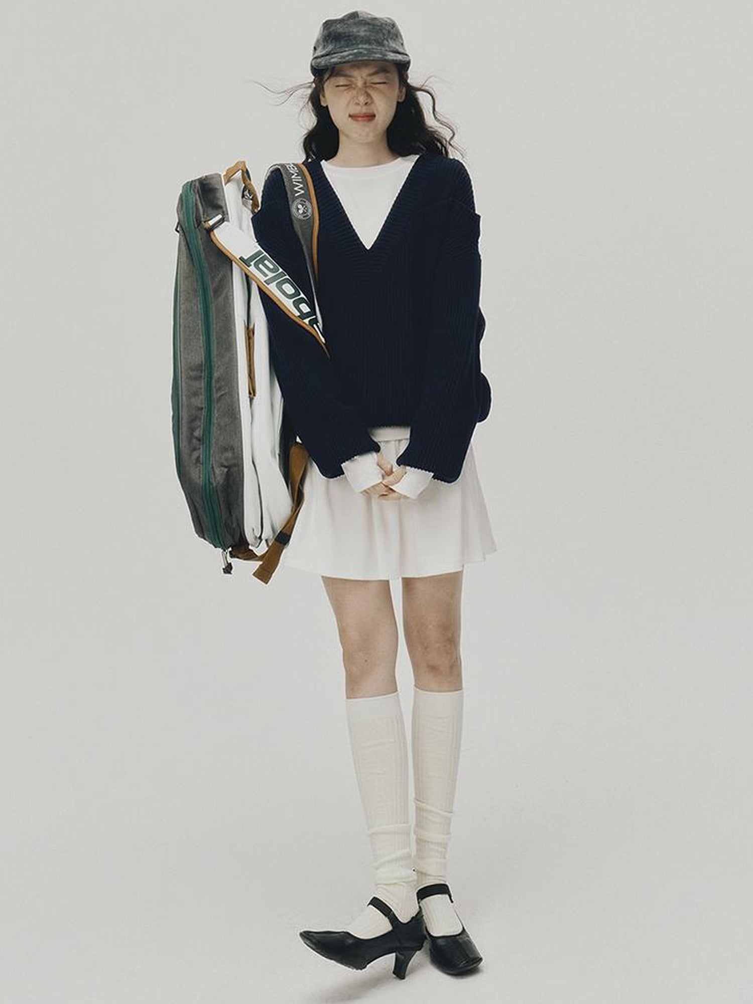FUSSED V-Neck Navy Blue Ribbed Wool Blend Sweater With Layered Collar