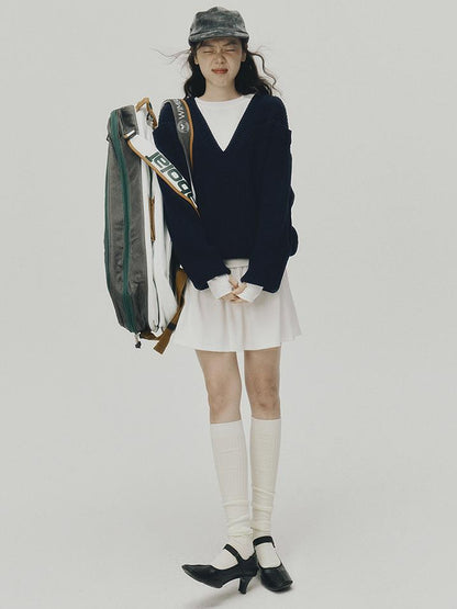 FUSSED V-Neck Navy Blue Ribbed Wool Blend Sweater With Layered Collar