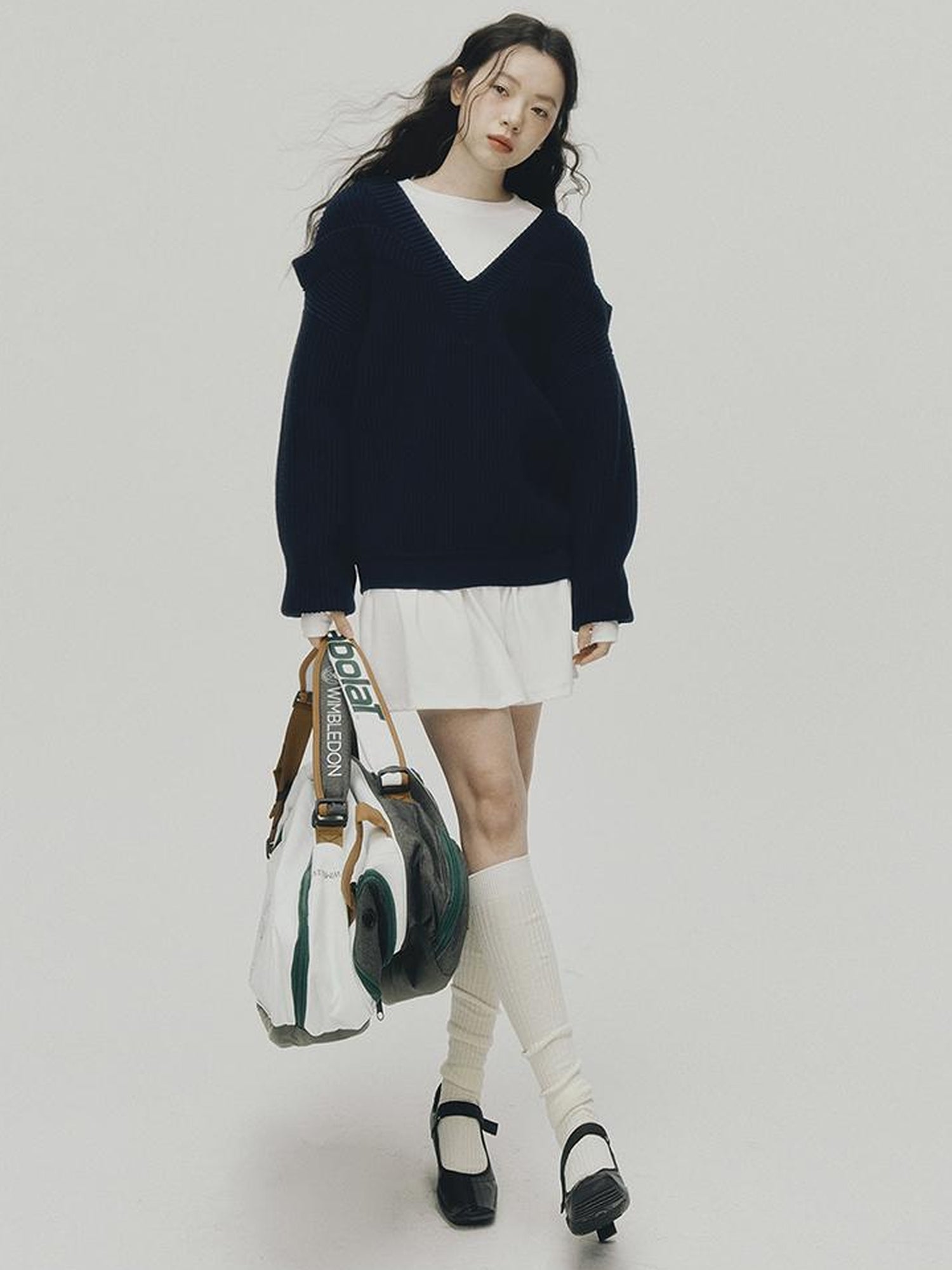 FUSSED V-Neck Navy Blue Ribbed Wool Blend Sweater With Layered Collar