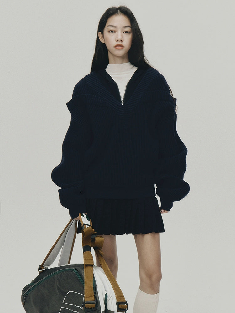 FUSSED_V-Neck_Navy_Blue_Ribbed_Wool_Blend_Sweater_With_Layered_Collar_MISSTT