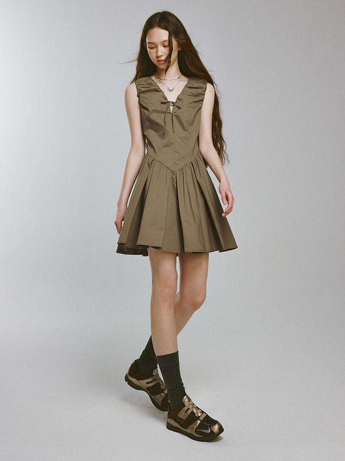 FUSSED V-Neck Olive Green Bubble Pleat A-Line Dress