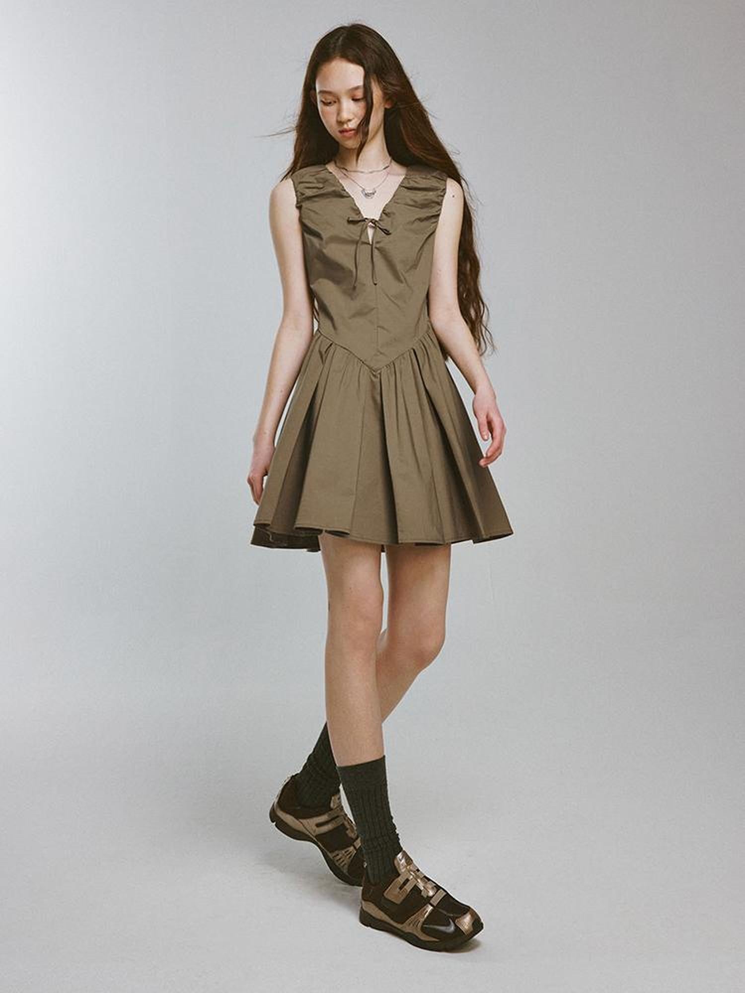 FUSSED V-Neck Olive Green Bubble Pleat A-Line Dress