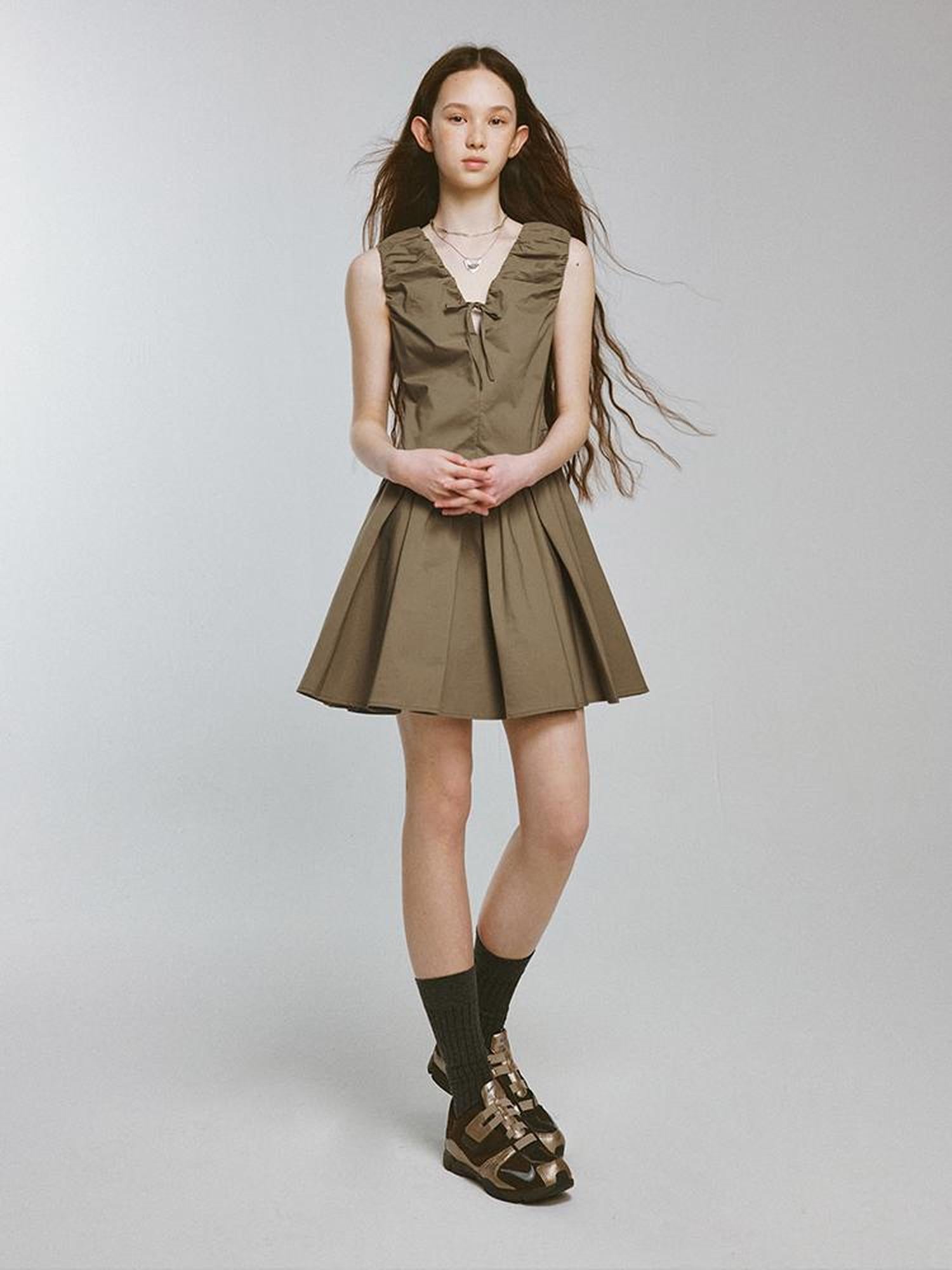FUSSED V-Neck Olive Green Bubble Pleat A-Line Dress