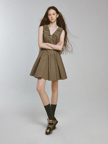 FUSSED V-Neck Olive Green Bubble Pleat A-Line Dress