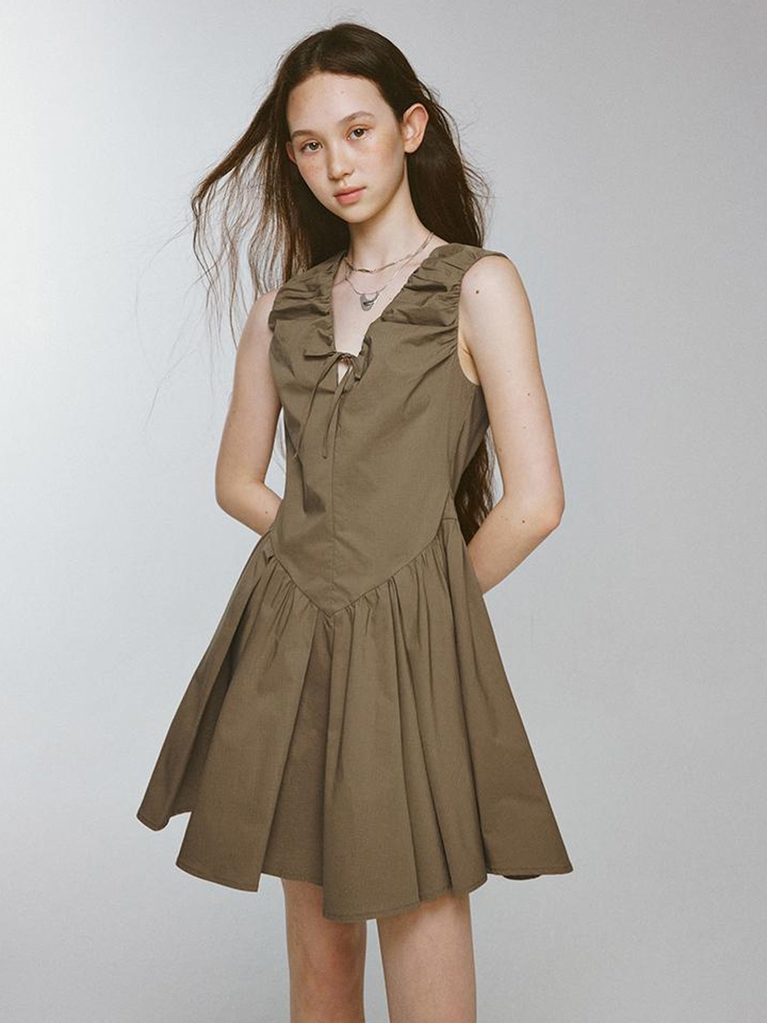 FUSSED V-Neck Olive Green Bubble Pleat A-Line Dress