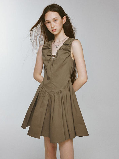 FUSSED V-Neck Olive Green Bubble Pleat A-Line Dress