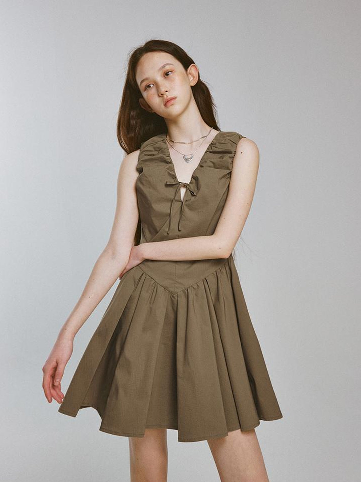 FUSSED V-Neck Olive Green Bubble Pleat A-Line Dress