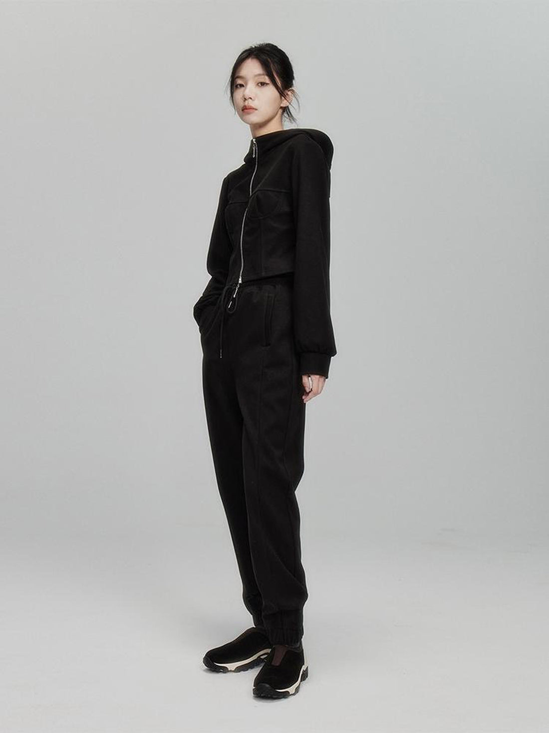 FUSSED Velvet Texture High Waisted Drawstring Black Fleece Trousers