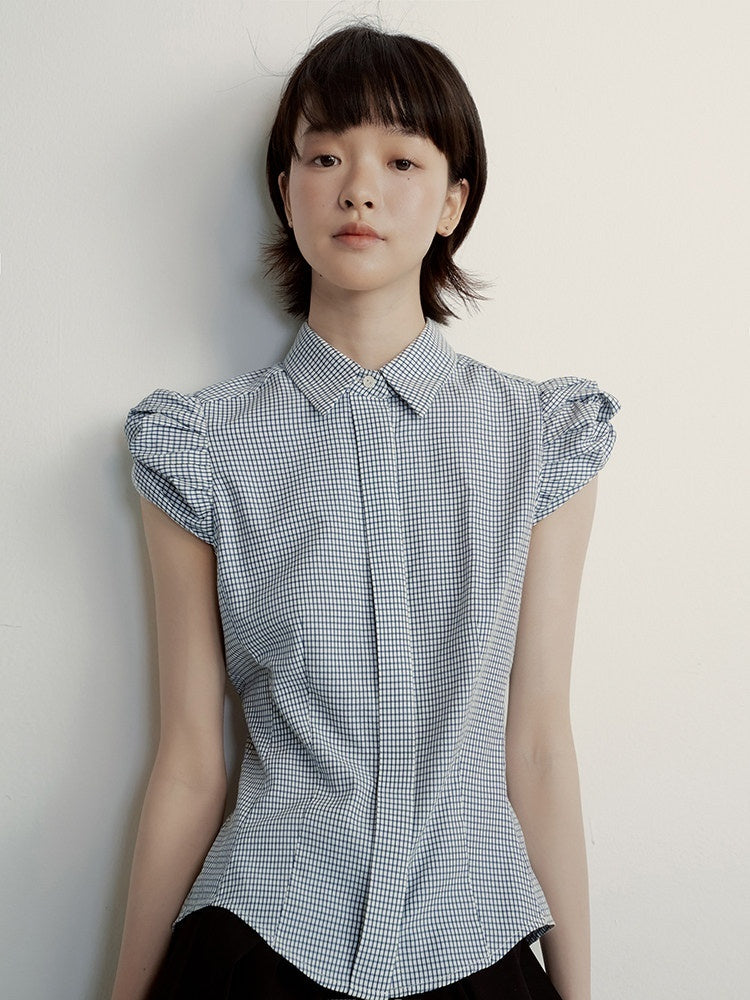 FUSSED Vichy Check Deconstructed Bud Puff Sleeve Women&
