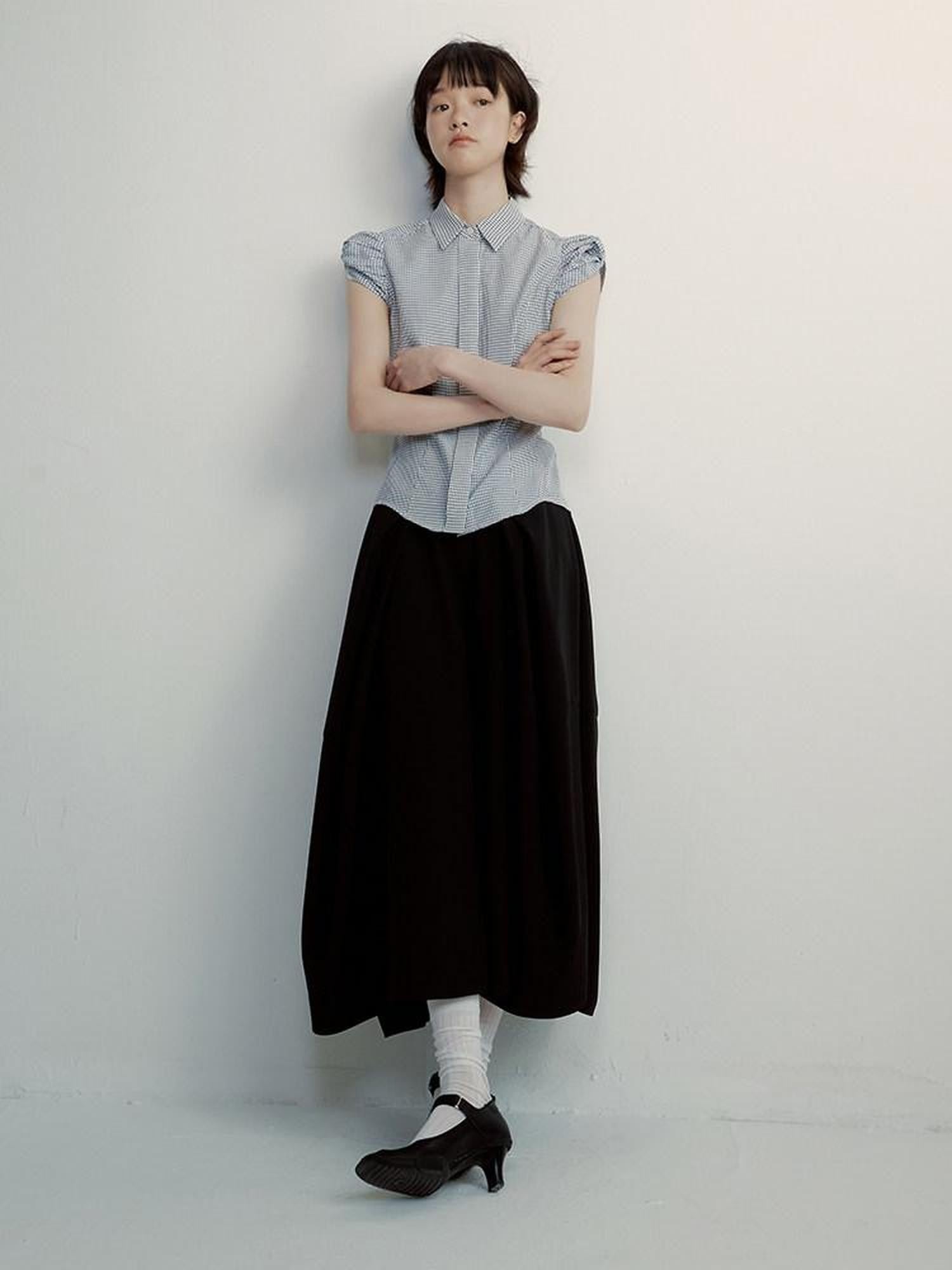 FUSSED Vichy Check Deconstructed Bud Puff Sleeve Women&