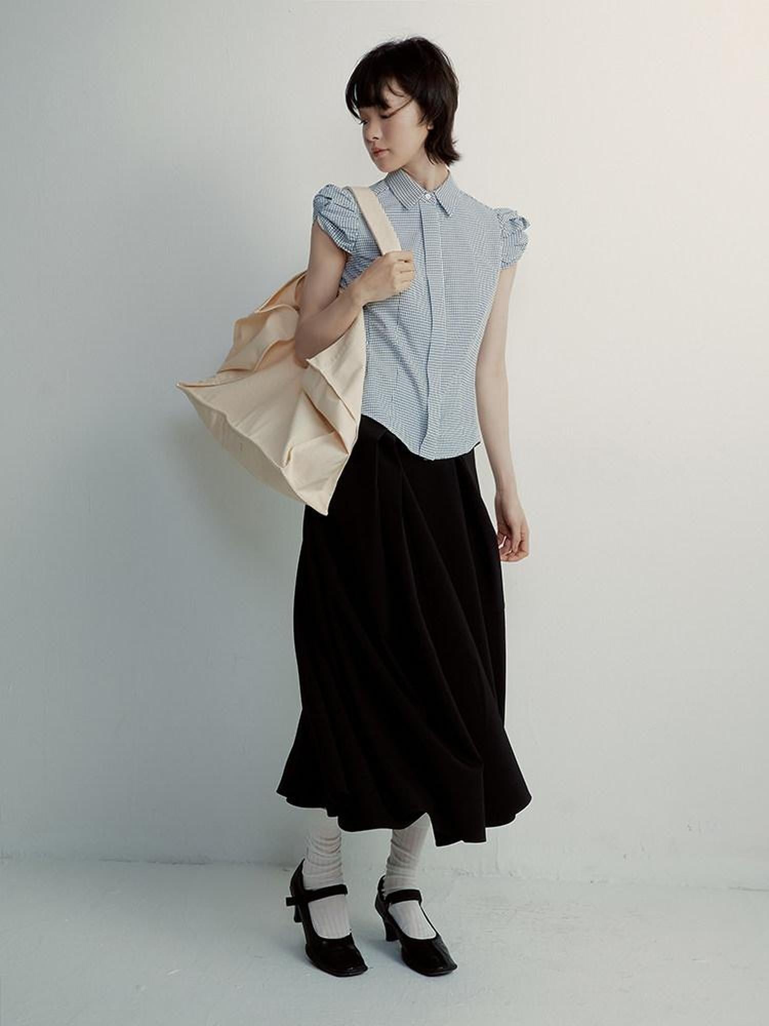 FUSSED Vichy Check Deconstructed Bud Puff Sleeve Women&