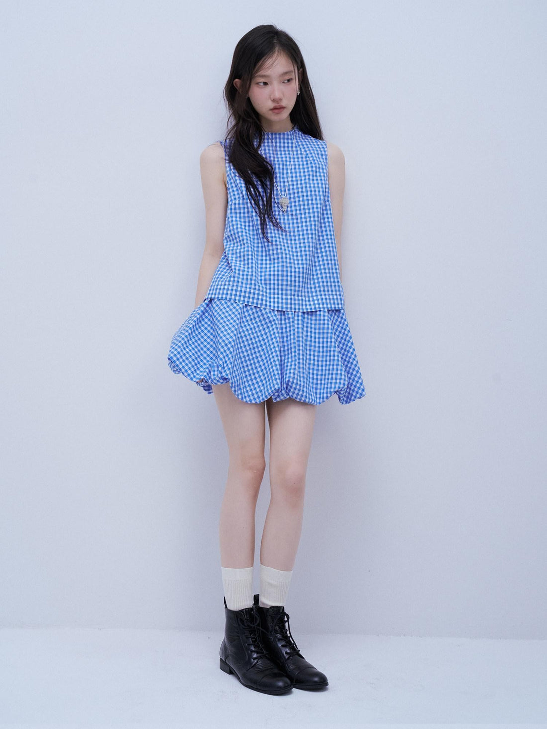 FUSSED Vichy Gingham Faux Two Piece Bubble Hem Women&