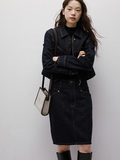 FUSSED Vintage Blue Denim A Line Skirt with Contrast Stitching