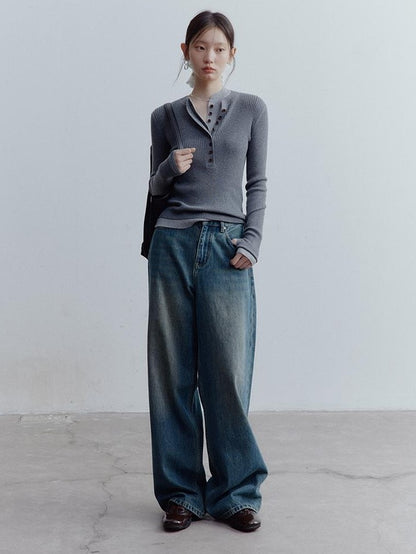 FUSSED Vintage Blue Low Waist Elongating Leg Topstitch Women&