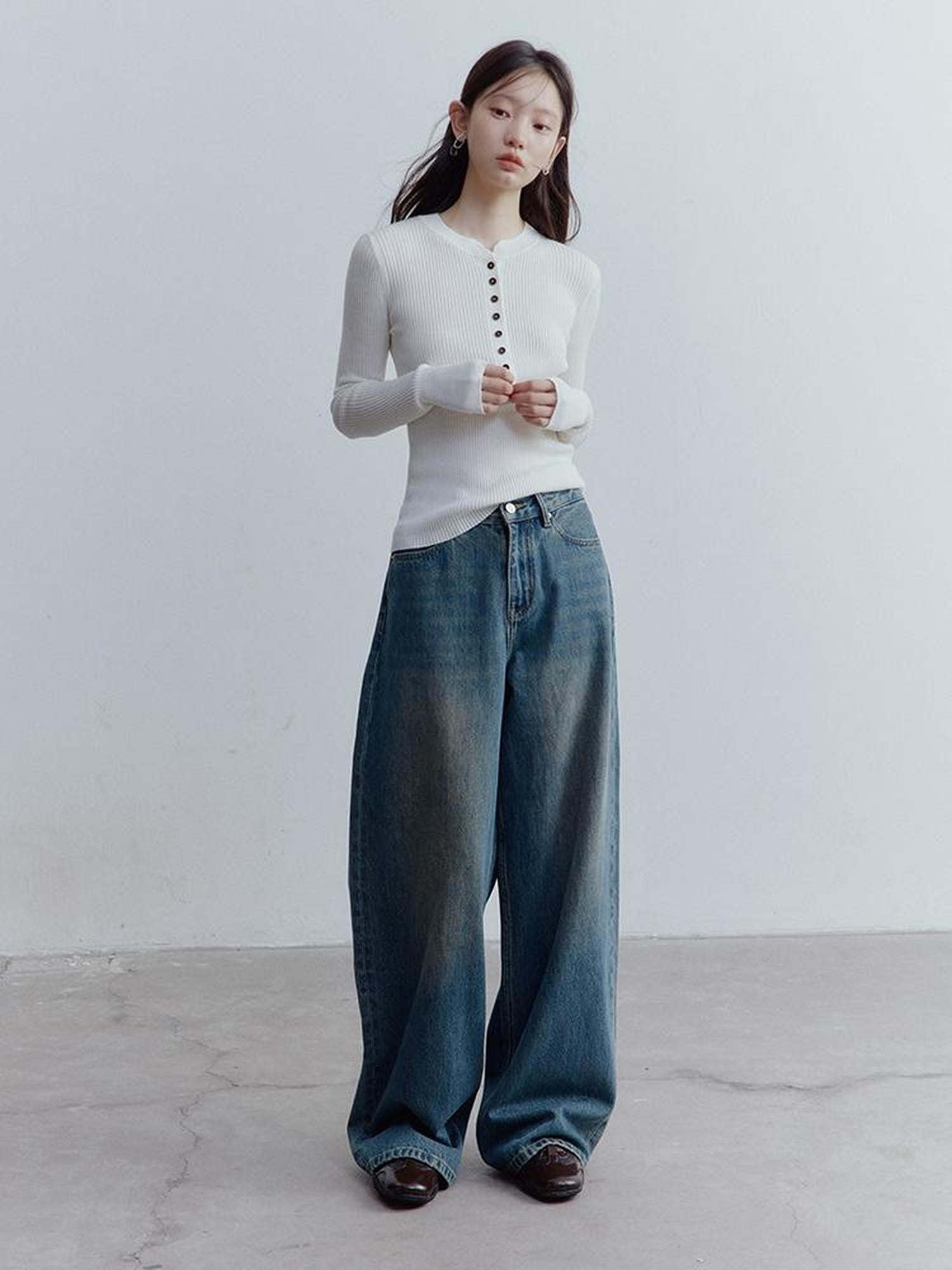FUSSED Vintage Blue Low Waist Elongating Leg Topstitch Women&
