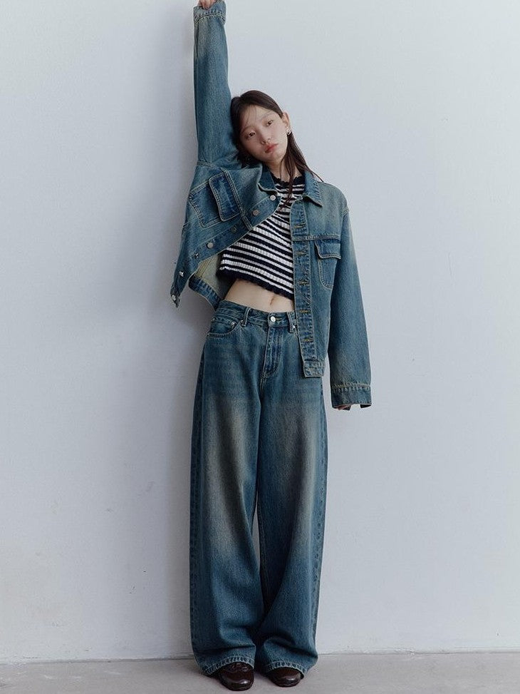 FUSSED Vintage Blue Low Waist Elongating Leg Topstitch Women&