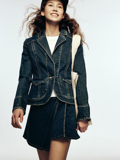 FUSSED Vintage Blue Tailored Denim Jacket with Notched Collar