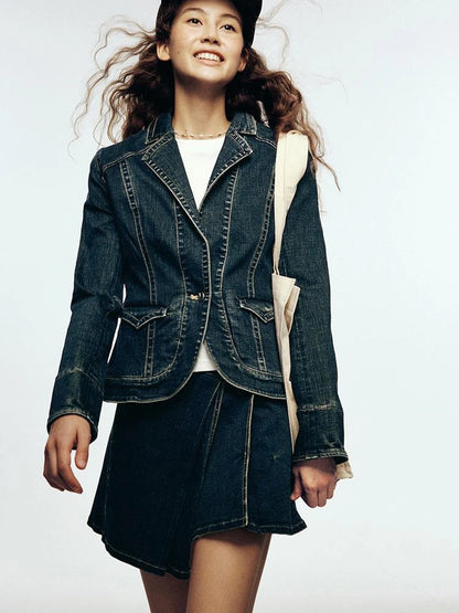 Vintage Blue Tailored Denim Jacket with Notched Collar