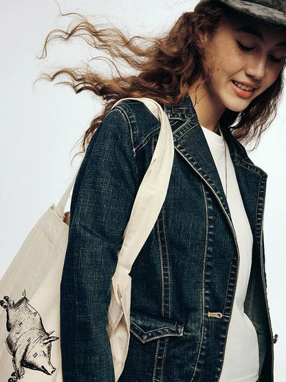 Vintage Blue Tailored Denim Jacket with Notched Collar