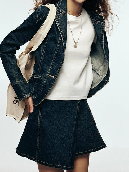 Vintage Blue Tailored Denim Jacket with Notched Collar