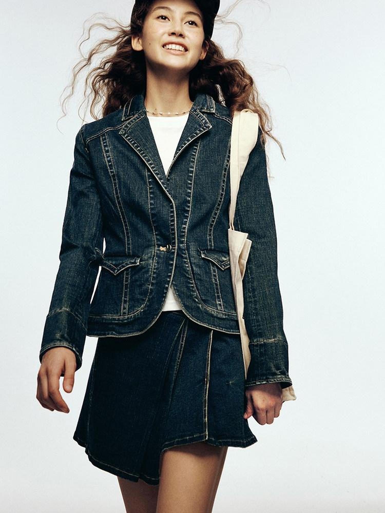 FUSSED Vintage Blue Turn Down Collar Cropped Slim Fit Women&