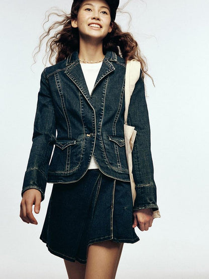 FUSSED Vintage Blue Turn Down Collar Cropped Slim Fit Women&