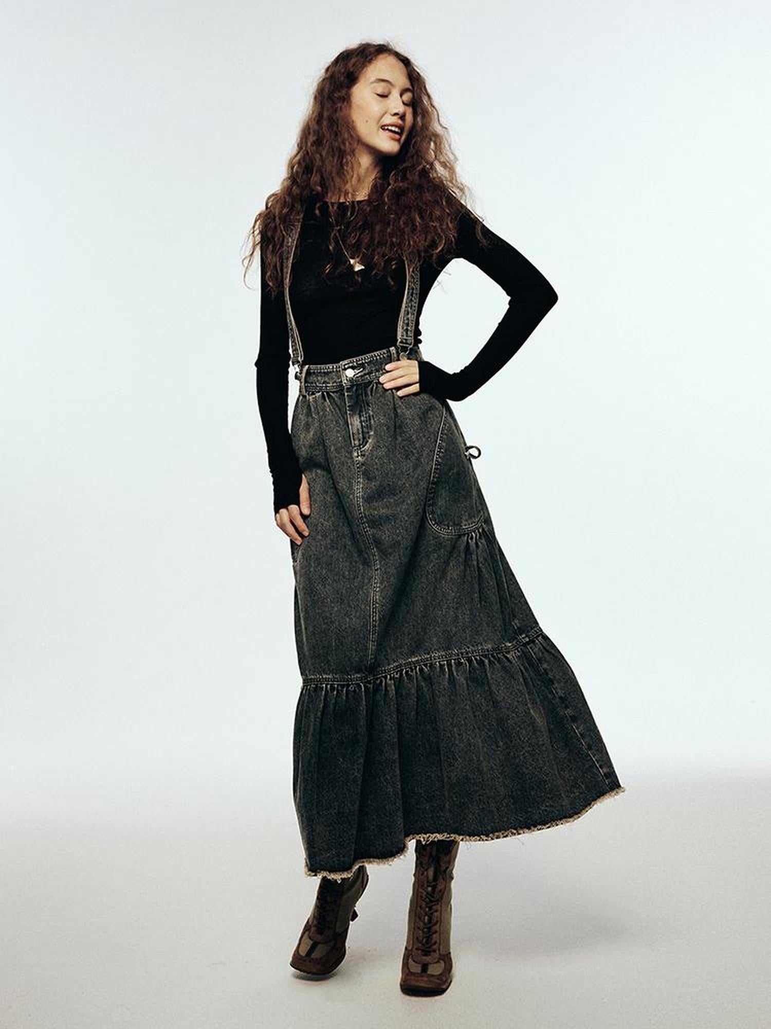 FUSSED Vintage Indigo Washed Tiered Maxi Dress With Adjustable Straps