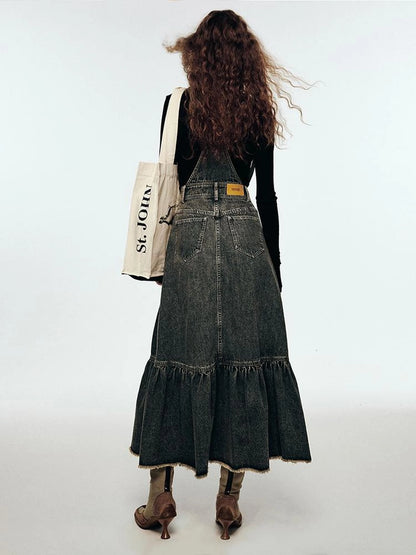 Vintage Indigo Washed Tiered Maxi Dress With Adjustable Straps