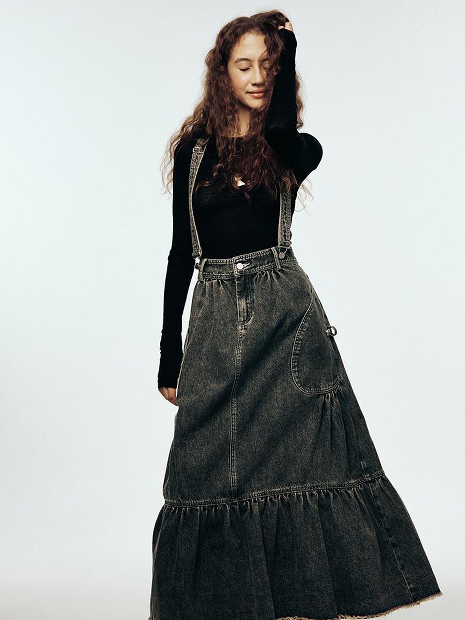 FUSSED Vintage Indigo Washed Tiered Maxi Dress With Adjustable Straps