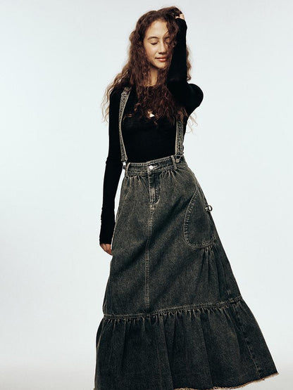 FUSSED Vintage Indigo Washed Tiered Maxi Dress With Adjustable Straps
