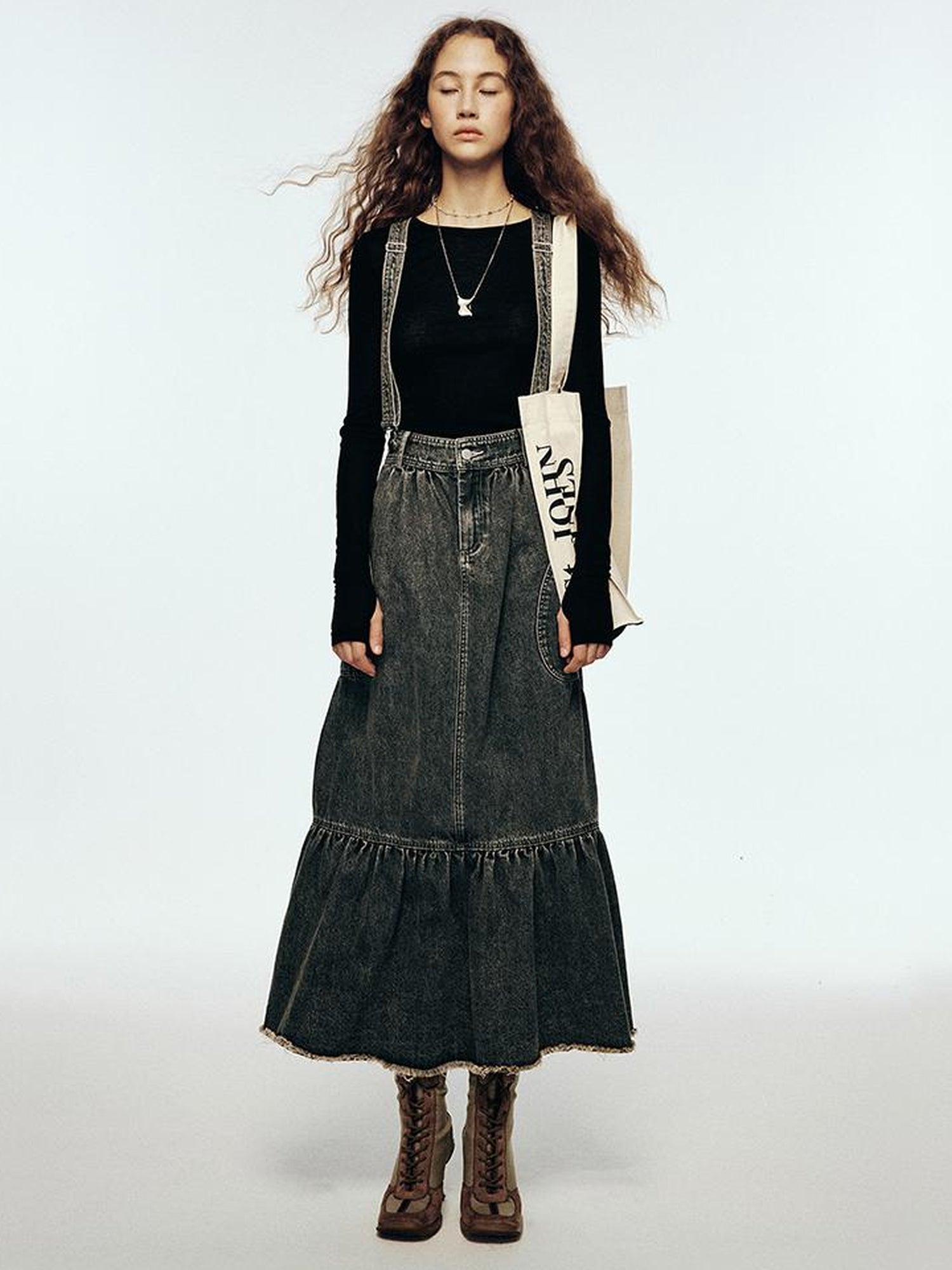FUSSED Vintage Indigo Washed Tiered Maxi Dress With Adjustable Straps