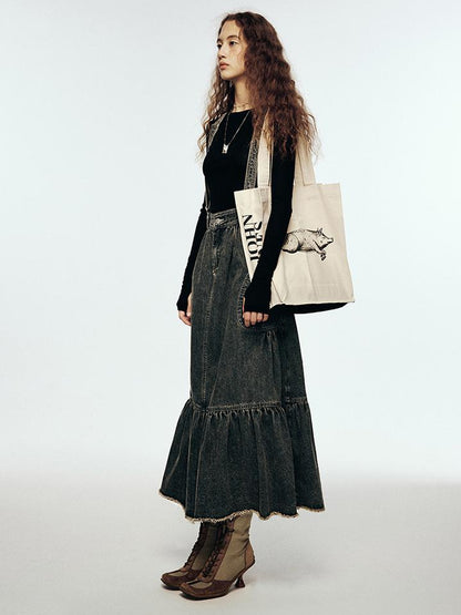 FUSSED Vintage Indigo Washed Tiered Maxi Dress With Adjustable Straps