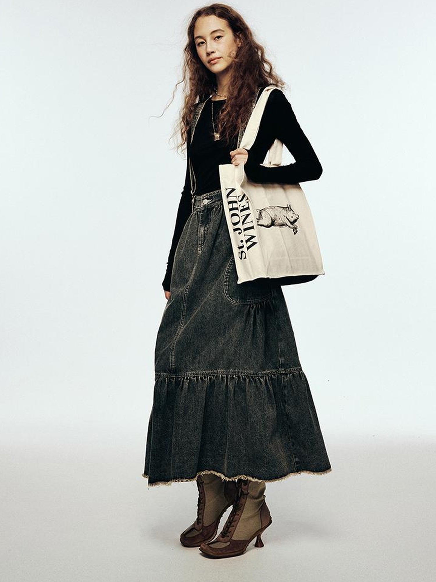 FUSSED Vintage Indigo Washed Tiered Maxi Dress With Adjustable Straps