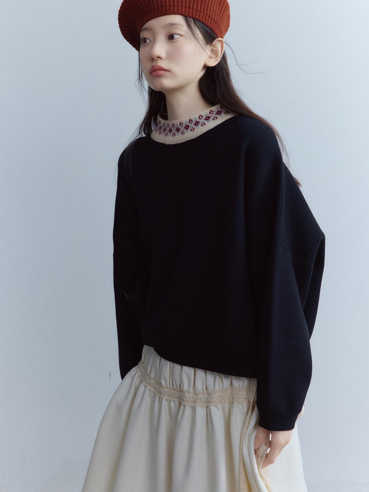 FUSSED Vintage Lace Collar Patchwork Relaxed Fit Pullover Floral Black Sweater