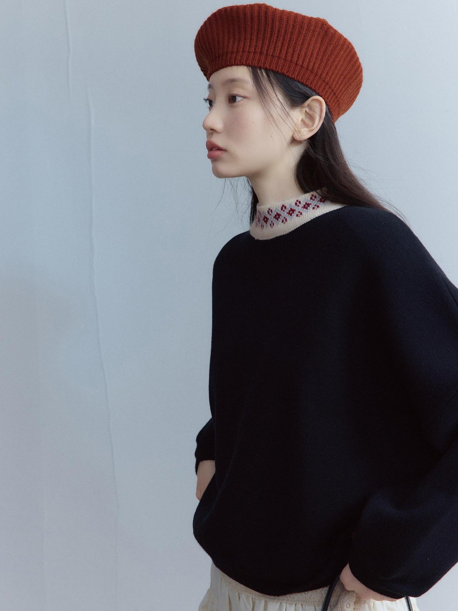 FUSSED Vintage Lace Collar Patchwork Relaxed Fit Pullover Floral Black Sweater