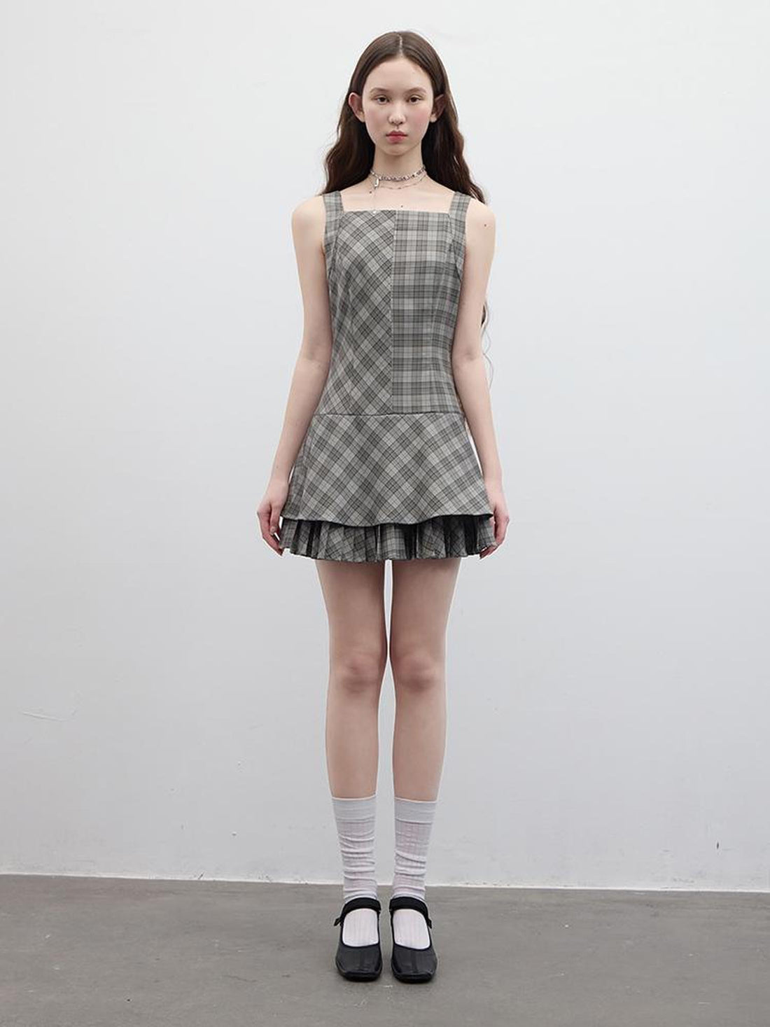 FUSSED Vintage Plaid Double Layer Hem A Line Dress