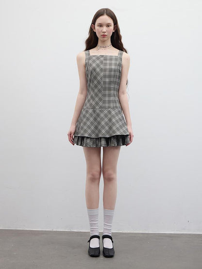 FUSSED Vintage Plaid Double Layer Hem A Line Dress