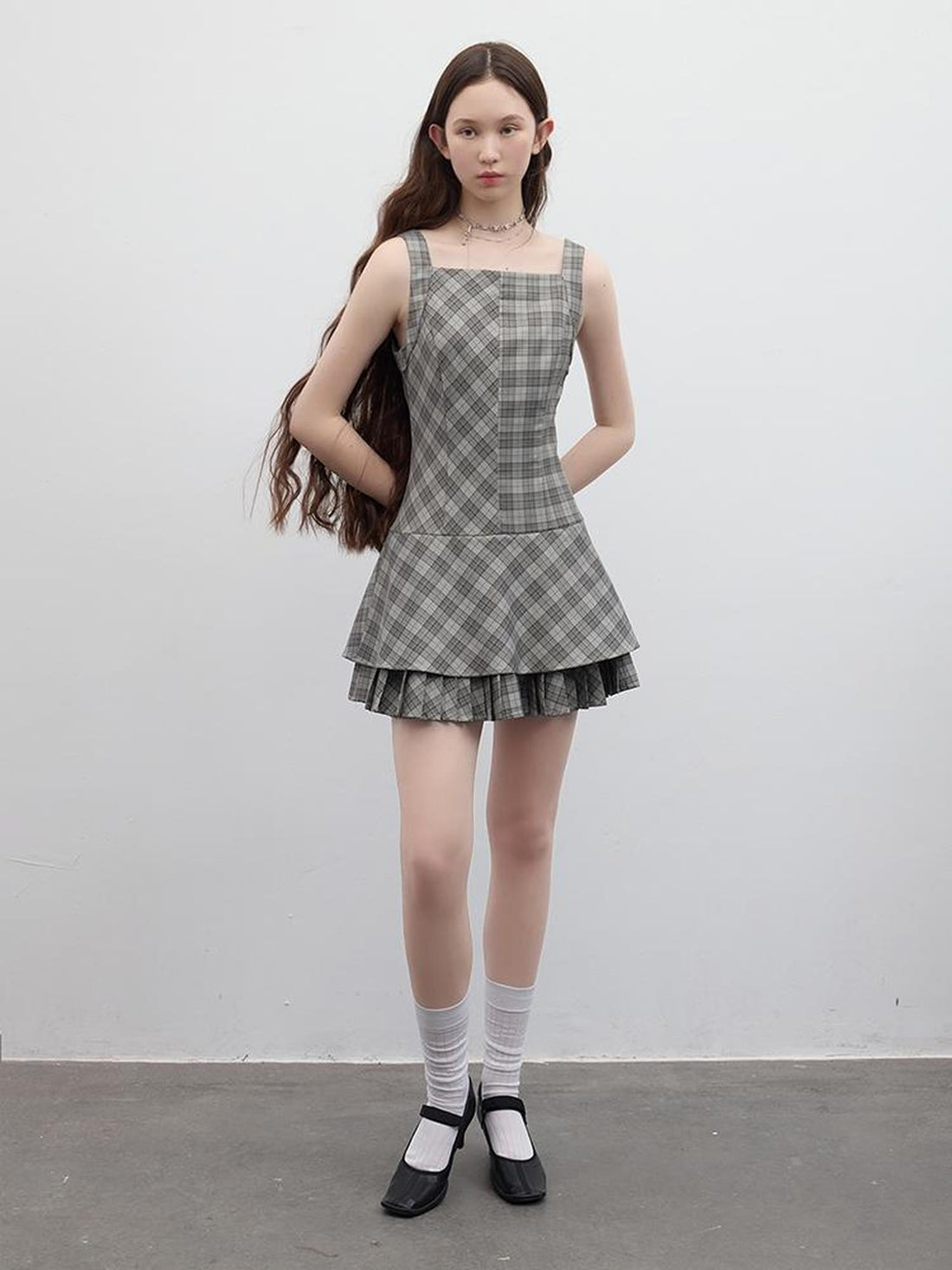FUSSED Vintage Plaid Double Layer Hem A Line Dress