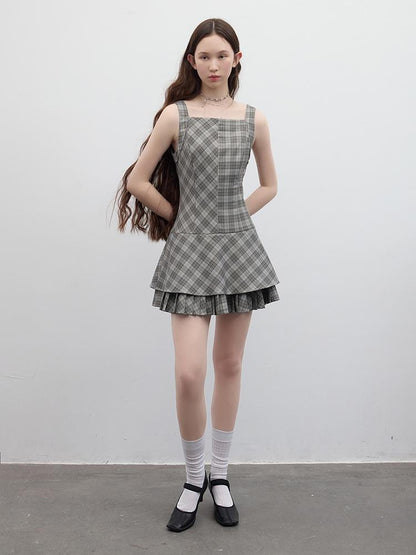 FUSSED Vintage Plaid Double Layer Hem A Line Dress