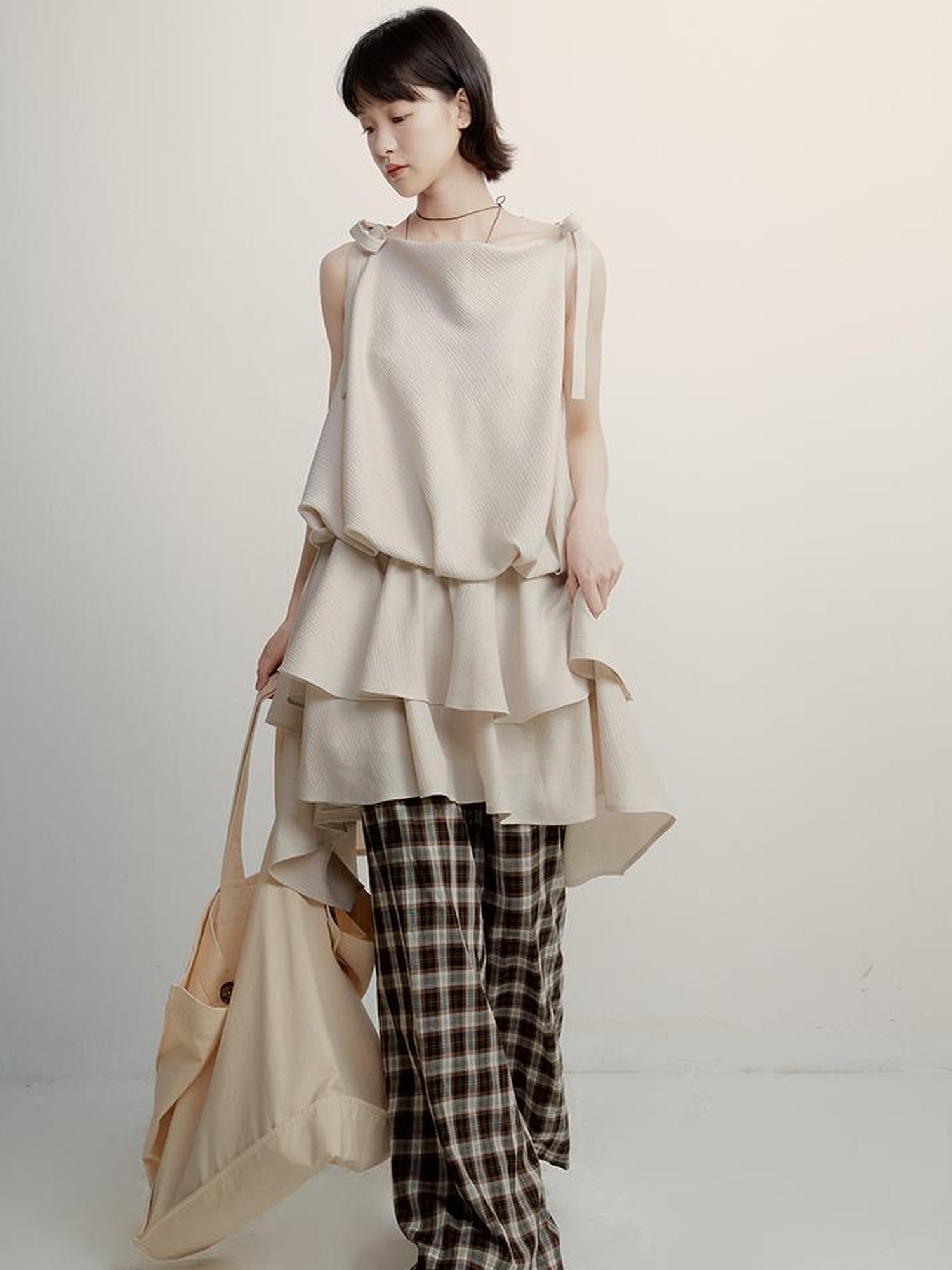 FUSSED Vintage Plaid Wide Leg Trousers with Front Pleats and Relaxed Drape