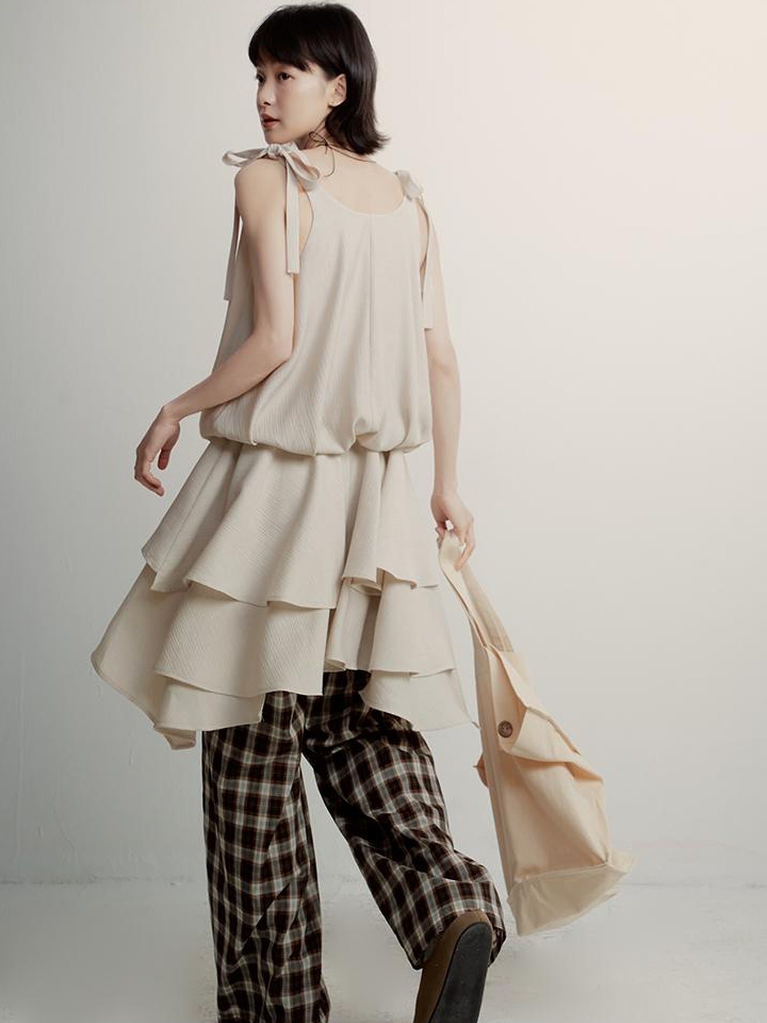 FUSSED Vintage Plaid Wide Leg Trousers with Front Pleats and Relaxed Drape